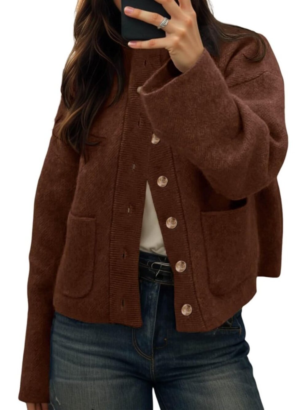 Women Coffee Mock Neck Chunky Knit Button-down Front Patch Pockets Cozy Jacket